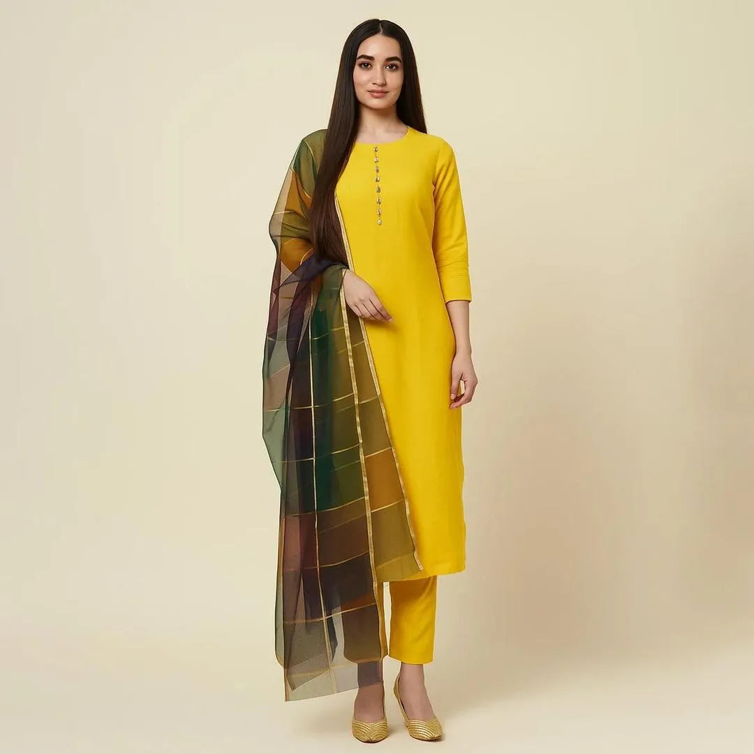 3 Pcs Women's Unstitched Plain Yellow Suit